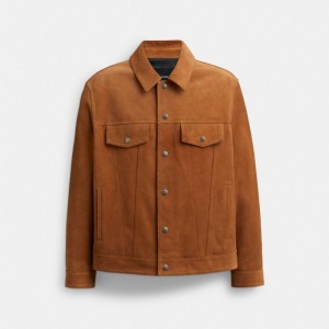 Men Coach Suede Leather Tan Jackets Brown | CA_CH29974