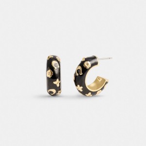 Women Coach Enamel Signature Floral Huggie Earrings Gold / Black | CA_CH80216