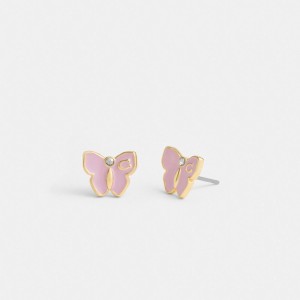 Women Coach Garden Butterfly Stud Earrings Gold / Purple | CA_CH52424