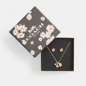 Women Coach Garden Charms Pendant Necklace And Set Earrings Gold | CA_CH27982