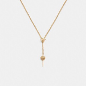 Women Coach Heart Lollipop Lariat Necklace Gold | CA_CH49549