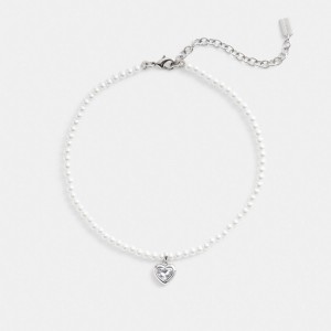 Women Coach Heart Pearl Choker & Clear Necklace Silver | CA_CH47939