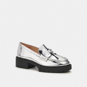 Women Coach Leah In Metallic Leather Loafers Silver | CA_CH11152