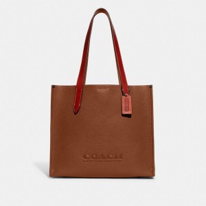 Women Coach Relay 34 Polished Pebble Leather Tote Bag Brown | CA_CH65596