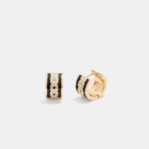 Women Coach Signature Enamel Hoop Earrings Gold / Black | CA_CH30524