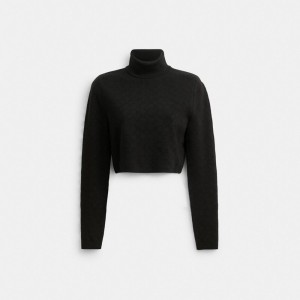 Women Coach Signature Knit Cropped Turtleneck Tops Black | CA_CH44097