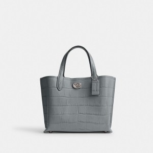 Women Coach Willow 24 Embossed Crocodile Tote Bag Grey Blue | CA_CH51144