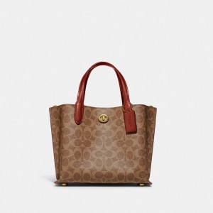 Women Coach Willow 24 In Signature Tote Bag Brown / Red | CA_CH14153