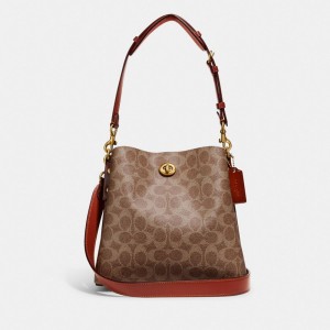 Women Coach Willow Bucket In Signature Shoulder Bags Brown / Red | CA_CH39792