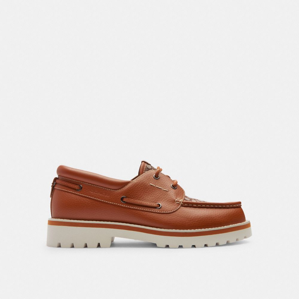 Men Coach Benson Boat Shoe In Signature Jacquard Burnished Amber Boat Shoes Brown | CA_CH74738