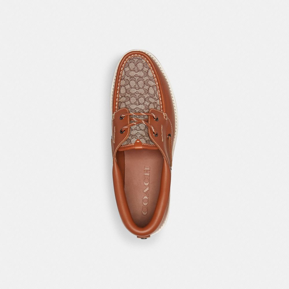 Men Coach Benson Boat Shoe In Signature Jacquard Burnished Amber Boat Shoes Brown | CA_CH74738