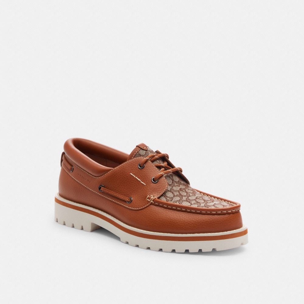 Men Coach Benson Boat Shoe In Signature Jacquard Burnished Amber Boat Shoes Brown | CA_CH74738