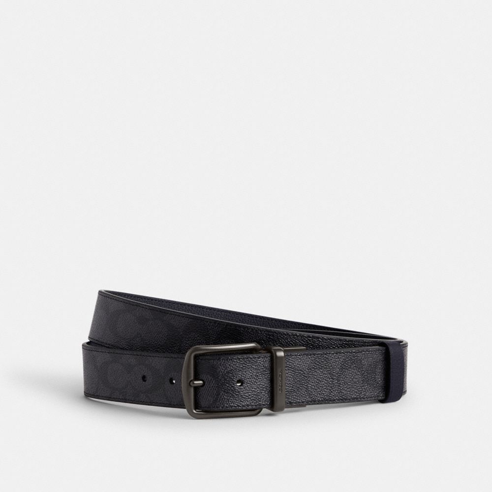 Men Coach Boxed Harness And Signature Buckle Cut To Size Reversible Belt 38 Mm Belts Grey / Navy | CA_CH13645