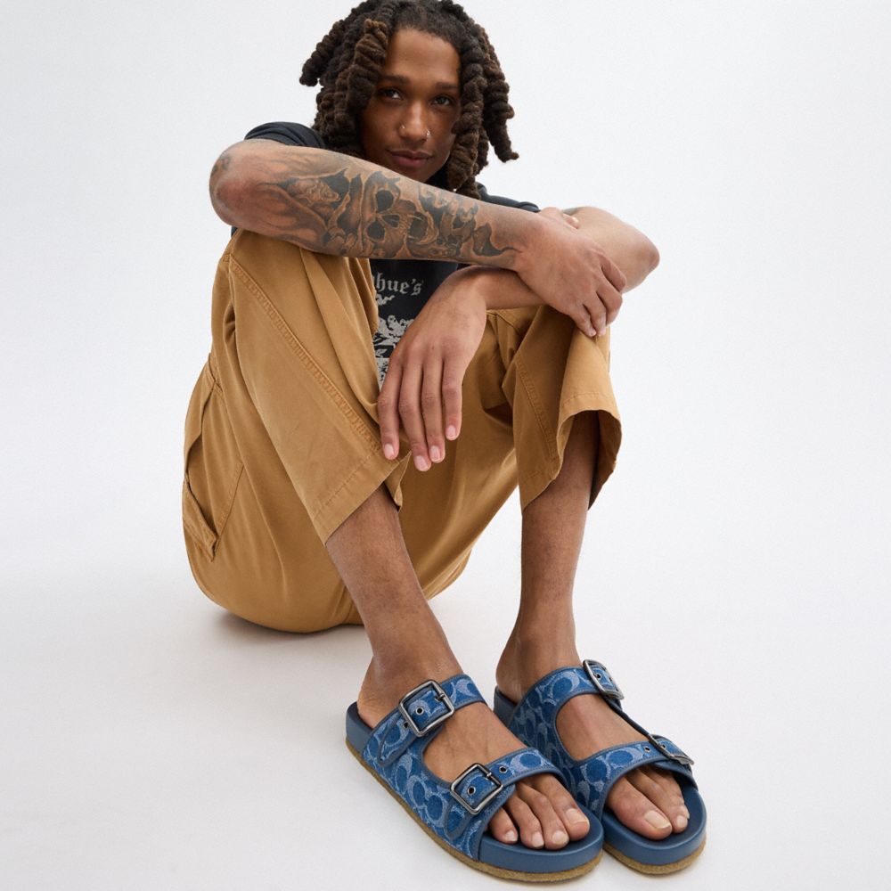 Men Coach Buckle Strap In Signature Denim Denim Sandals Blue | CA_CH24897