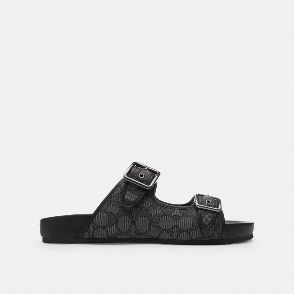 Men Coach Buckle Strap In Signature Jacquard Sandals Black | CA_CH84460