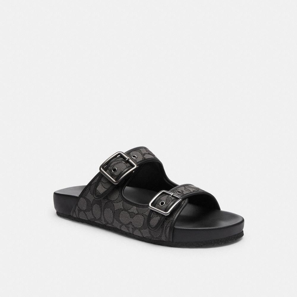 Men Coach Buckle Strap In Signature Jacquard Sandals Black | CA_CH84460