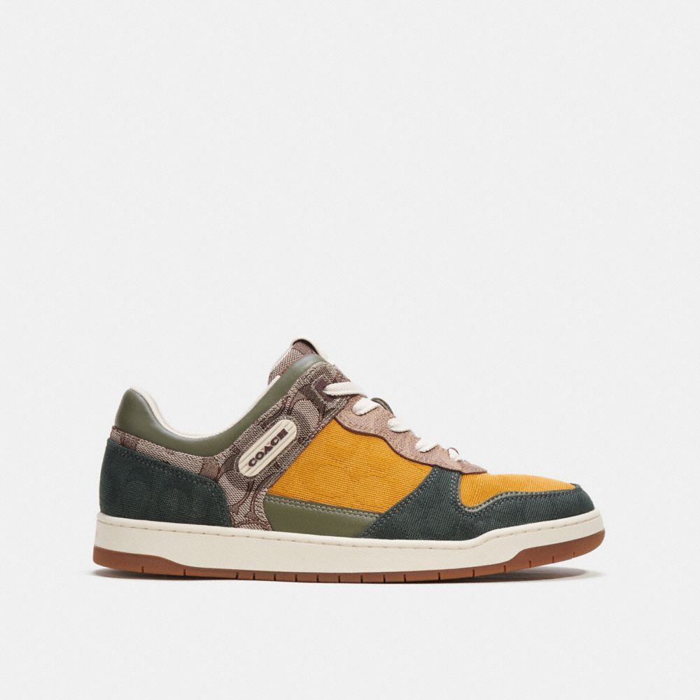 Men Coach C201 In Mixed Signature Fabric Oak Sneakers Green | CA_CH20374