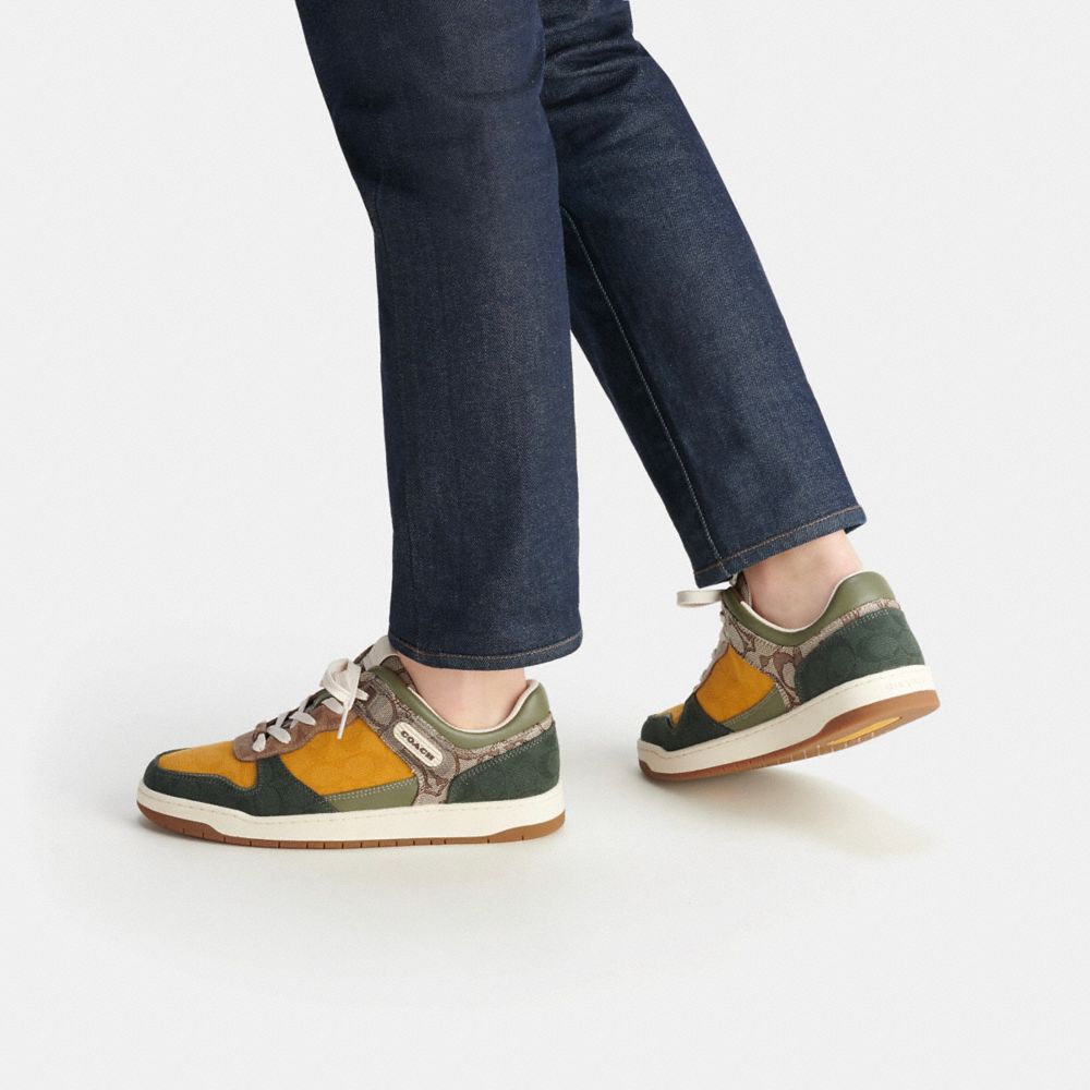 Men Coach C201 In Mixed Signature Fabric Oak Sneakers Green | CA_CH20374