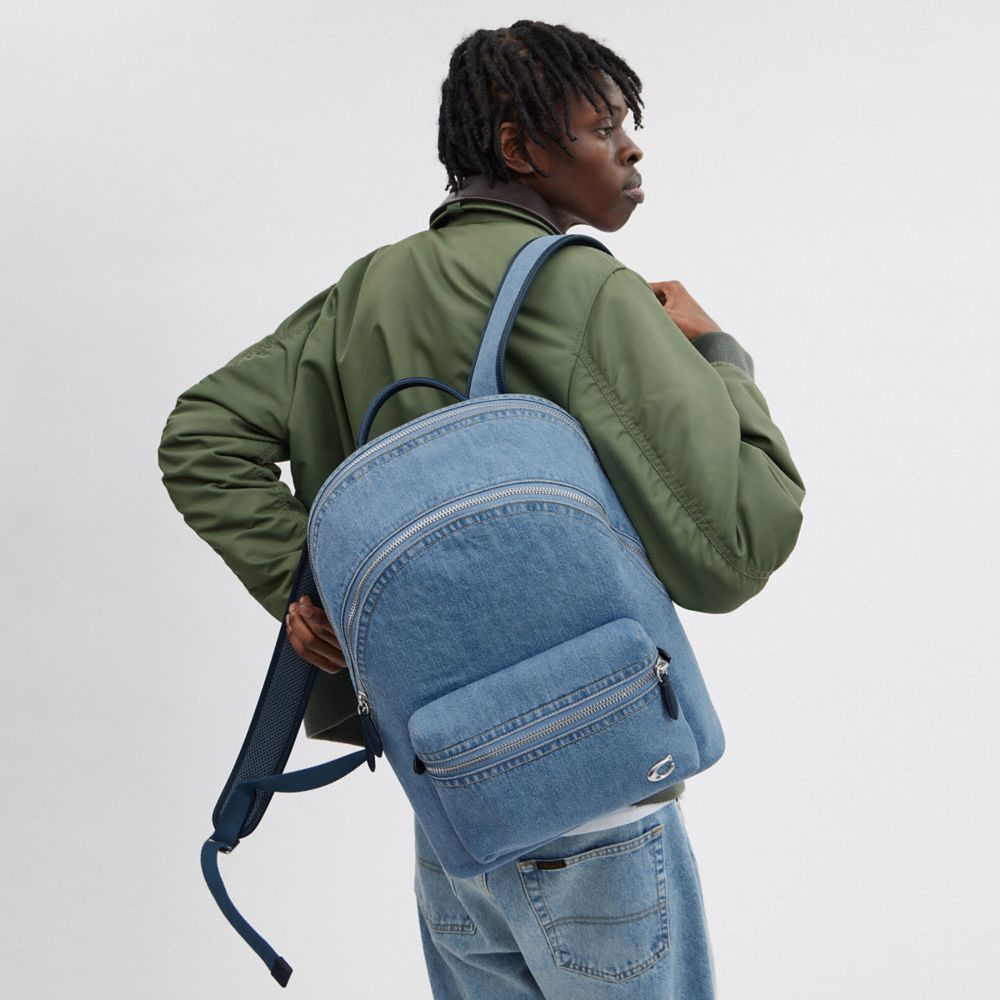 Men Coach Charter Denim Backpacks Blue / Indigo Blue | CA_CH23554