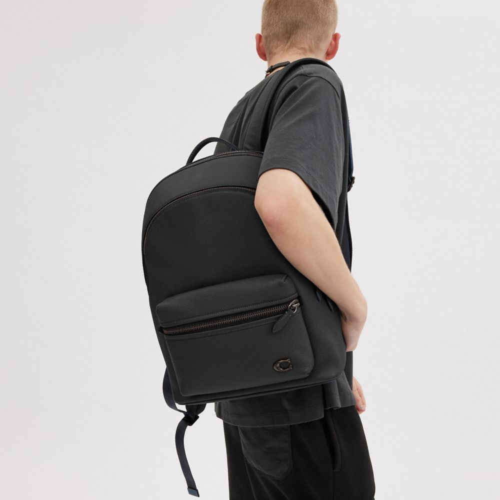 Men Coach Charter Polished Pebble Leather Backpacks Black | CA_CH53123