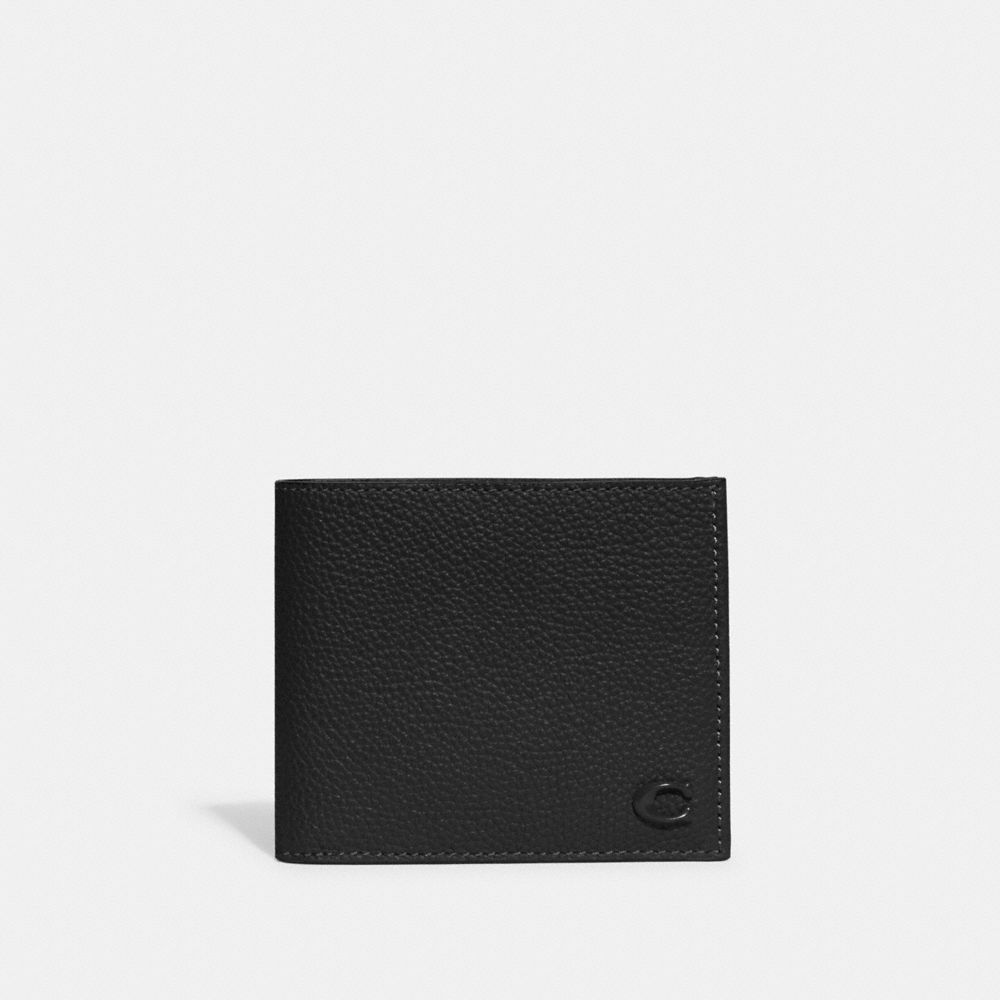 Men Coach Double Billfold Wallet Polished Pebble Leather Billfolds Black | CA_CH63766