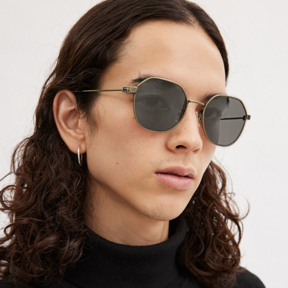 Men Coach Hinged Geometric Round Sunglasses Gold Black | CA_CH56828