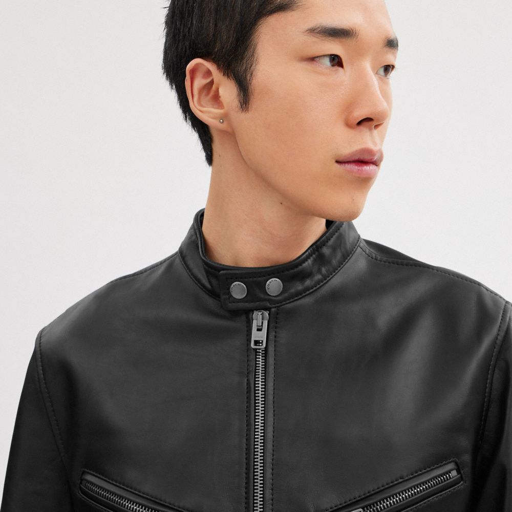 Men Coach Leather Racer Jackets Black | CA_CH92275