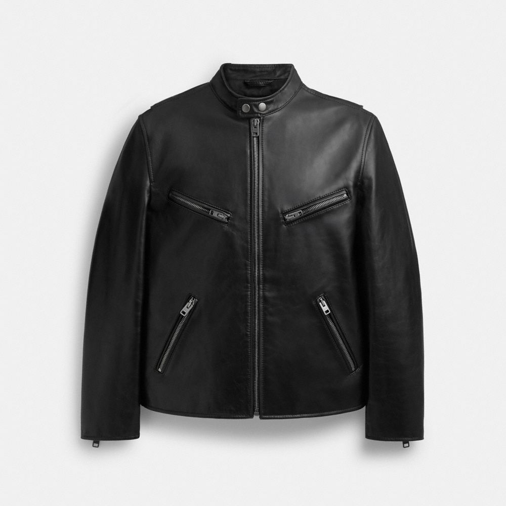 Men Coach Leather Racer Jackets Black | CA_CH92275