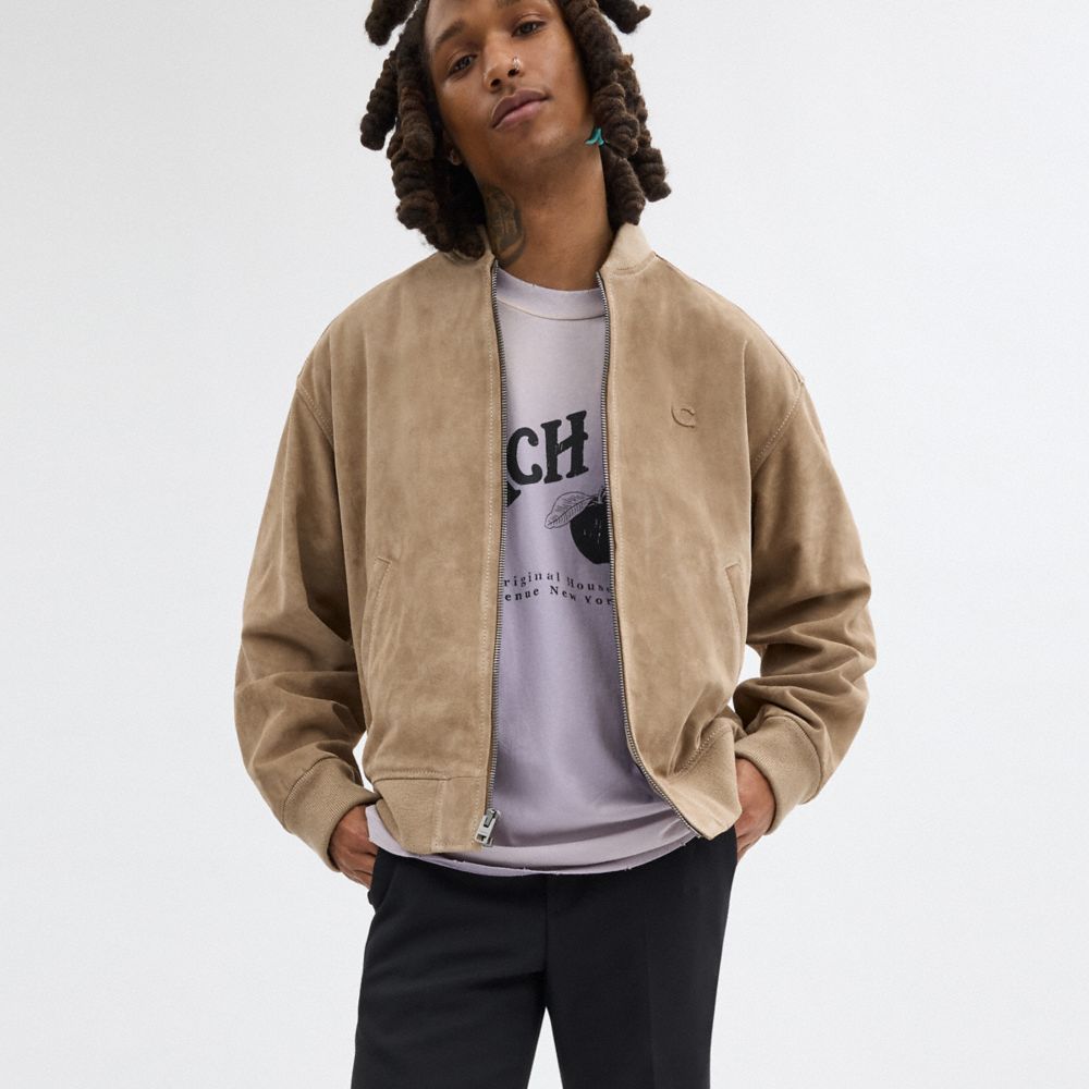 Men Coach Lightweight Suede Jackets Beige | CA_CH54232