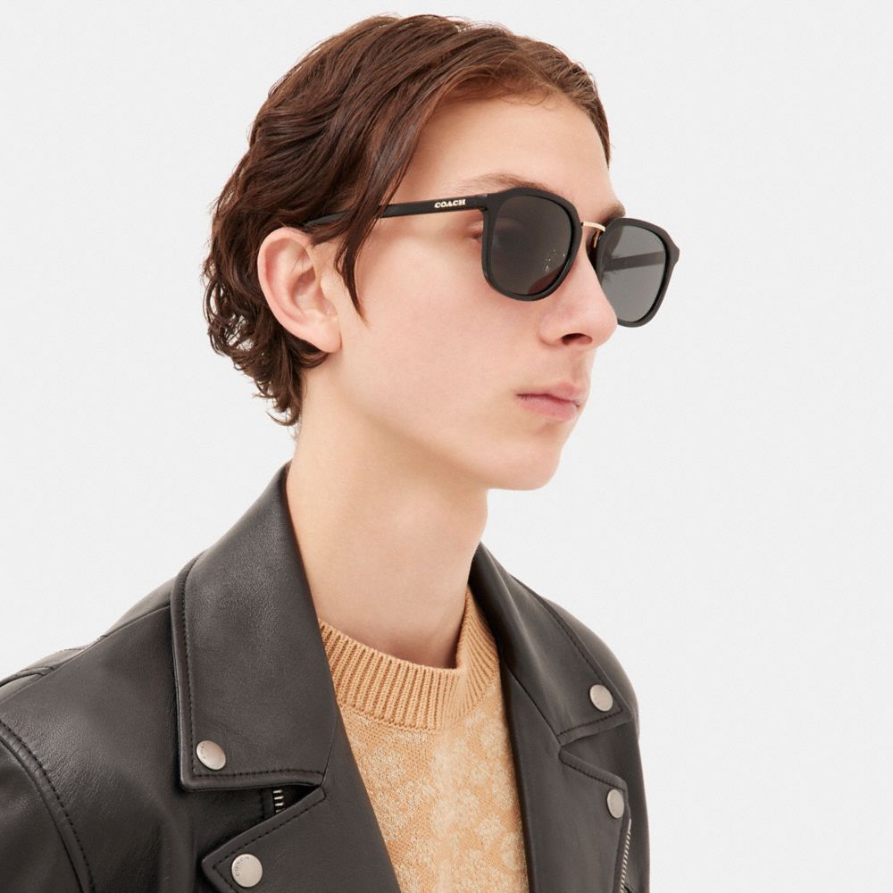 Men Coach Rounded Geometric Sunglasses Black | CA_CH69892