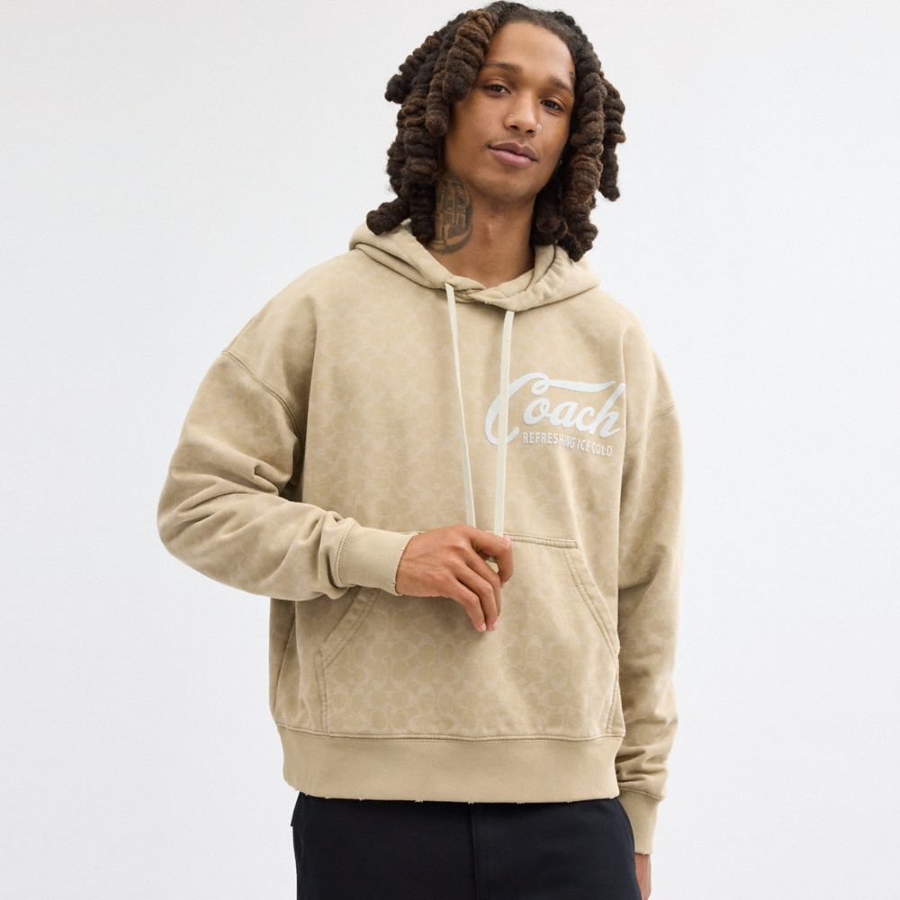 Men Coach Signature Long Sleeve Relaxed Americana Pullover Hoodie Khaki | CA_CH49019