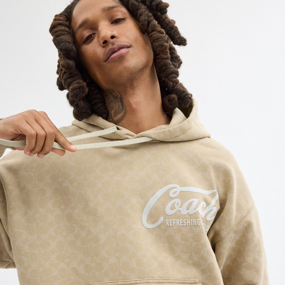 Men Coach Signature Long Sleeve Relaxed Americana Pullover Hoodie Khaki | CA_CH49019