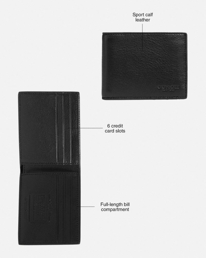 Men Coach Slim Billfold Wallet Sport Calf Leather Billfolds Black | CA_CH84000