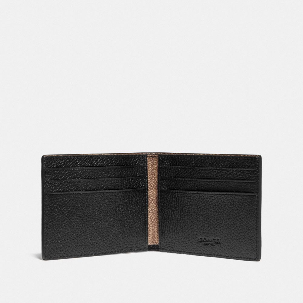 Men Coach Slim Billfold Wallet With Signature Canvas Detail Pebble Leather Billfolds Black / Khaki | CA_CH49119