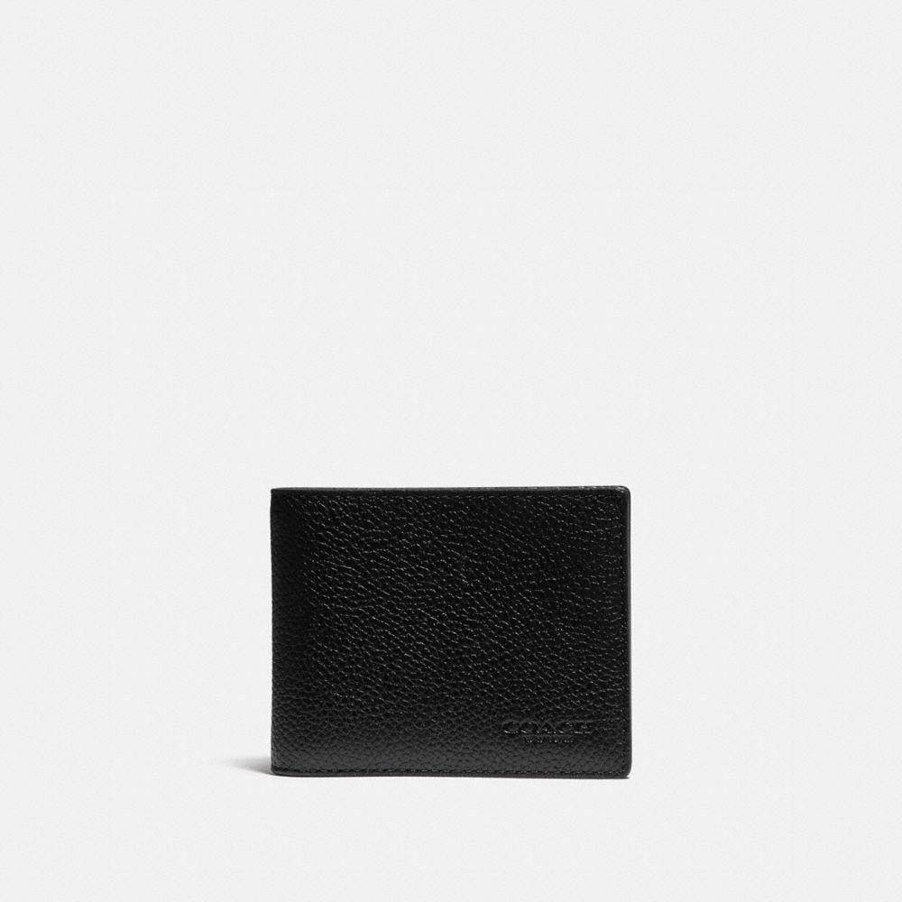 Men Coach Slim Billfold Wallet With Signature Canvas Detail Pebble Leather Billfolds Black / Khaki | CA_CH49119