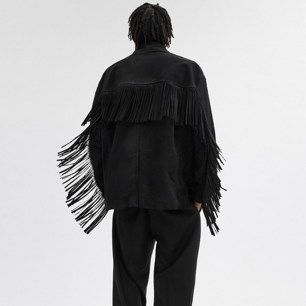 Men Coach Suede Fringe Jackets Black | CA_CH65078