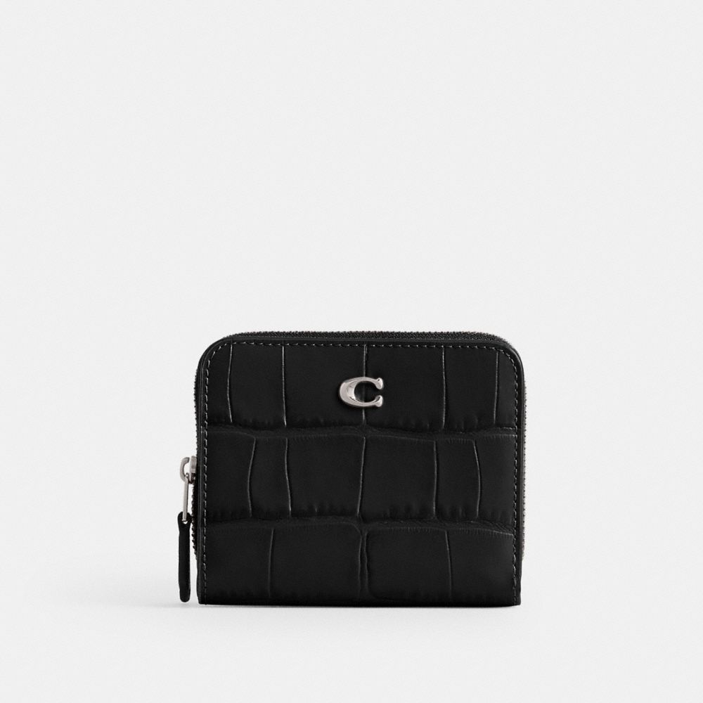 Women Coach Billfold Croc Embossed Leather Small Wallets Black | CA_CH91796