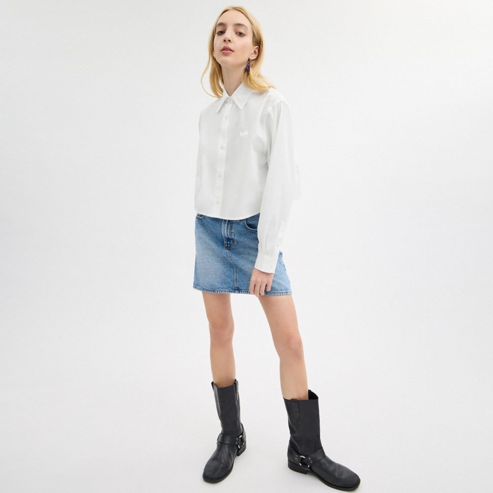 Women Coach Cropped Button Up Shirt Tops White | CA_CH83158