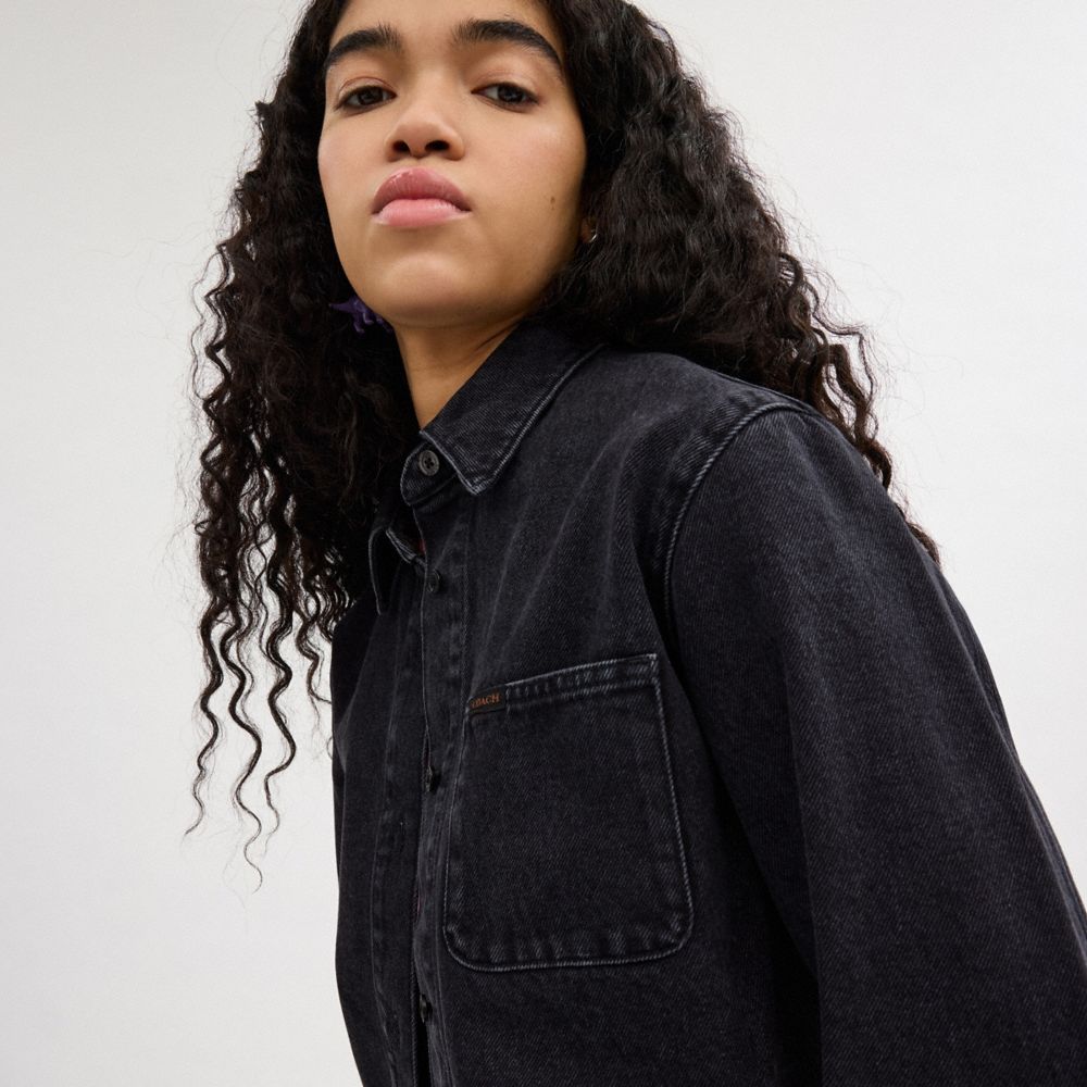 Women Coach Cropped Denim Button Down In Organic Cotton Tops Black | CA_CH50615