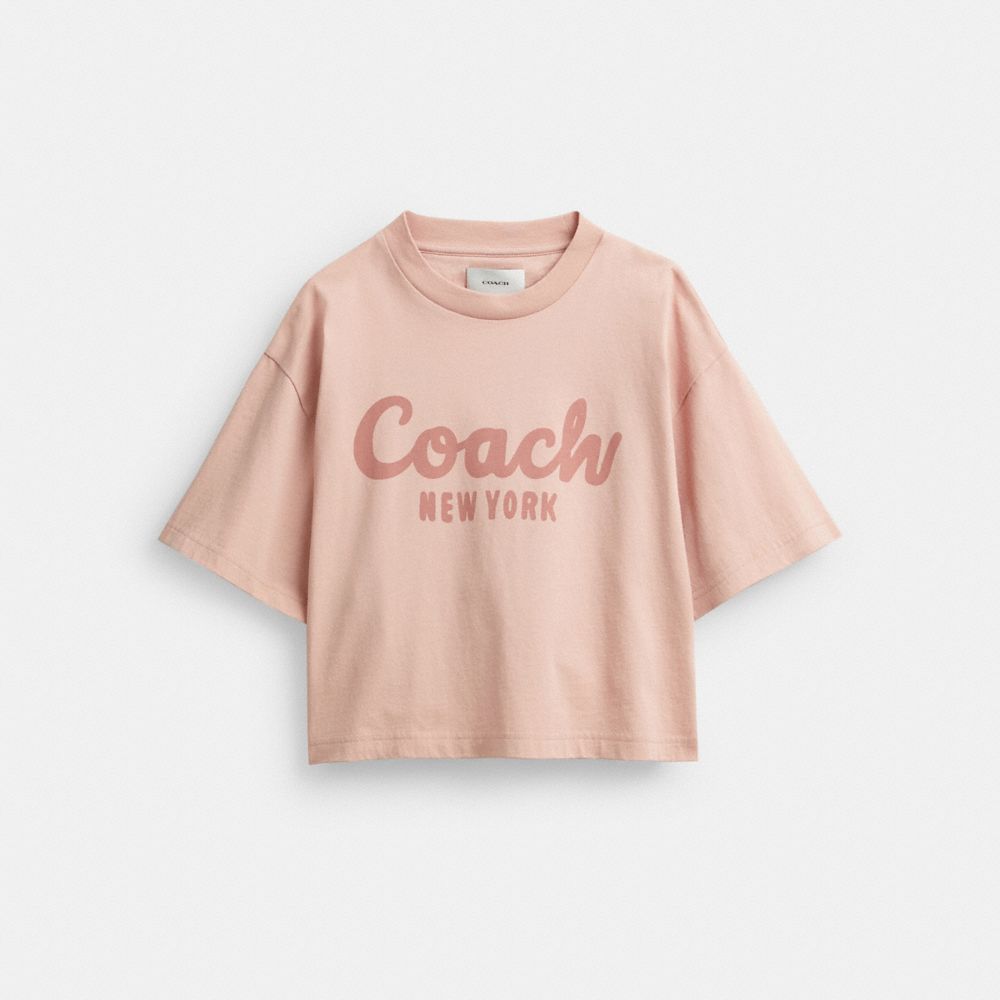 Women Coach Cursive Signature Cropped T Shirts Pink | CA_CH67153