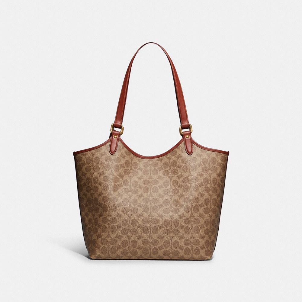 Women Coach Day In Signature Canvas Brass Tote Bag Brown | CA_CH76750