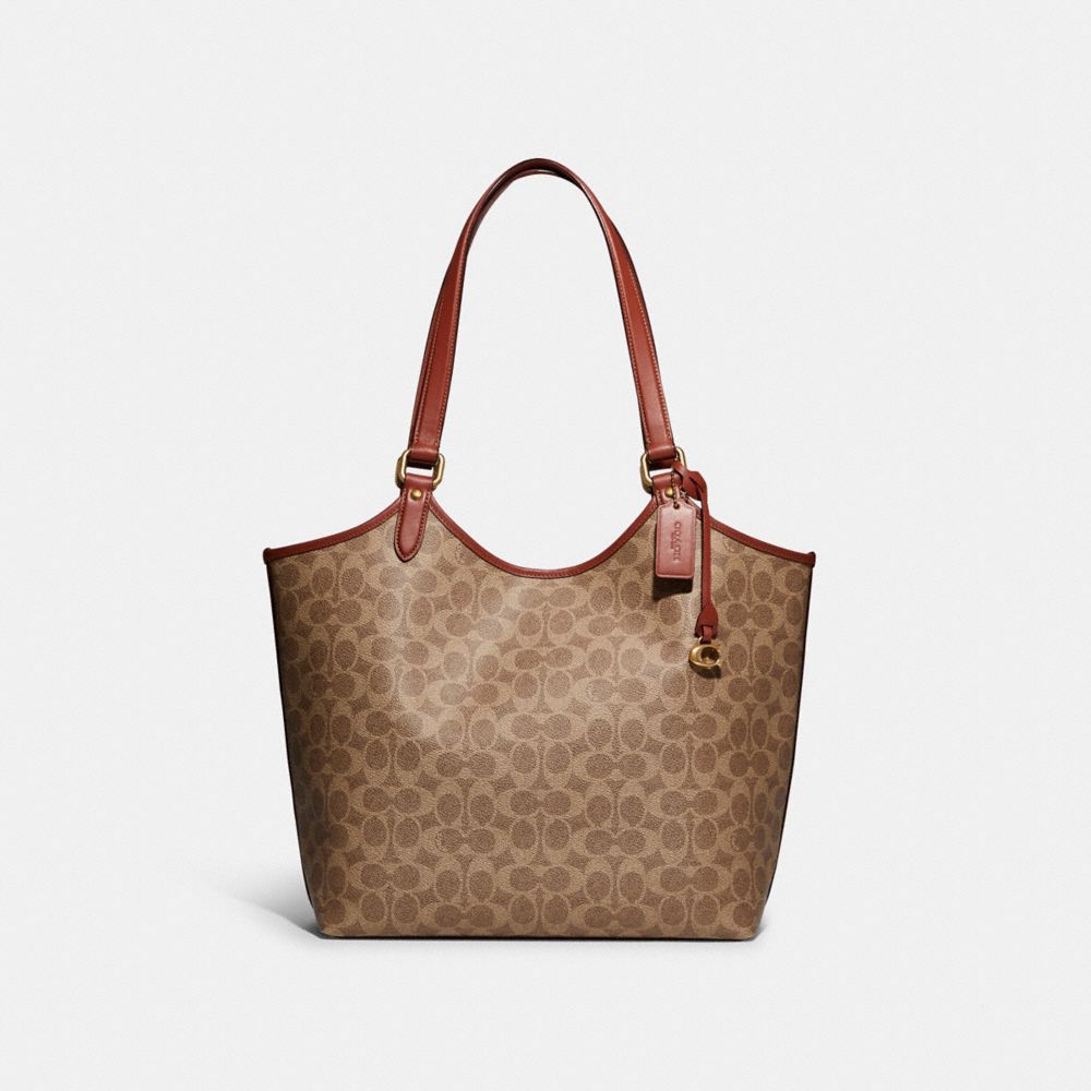 Women Coach Day In Signature Canvas Brass Tote Bag Brown | CA_CH76750