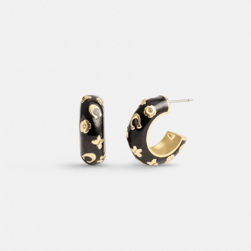 Women Coach Enamel Signature Floral Huggie Earrings Gold / Black | CA_CH80216