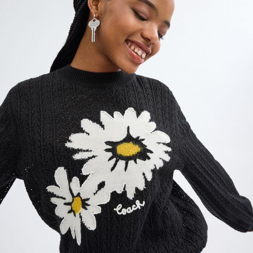 Women Coach Floral Crewneck Sweaters Black | CA_CH66901