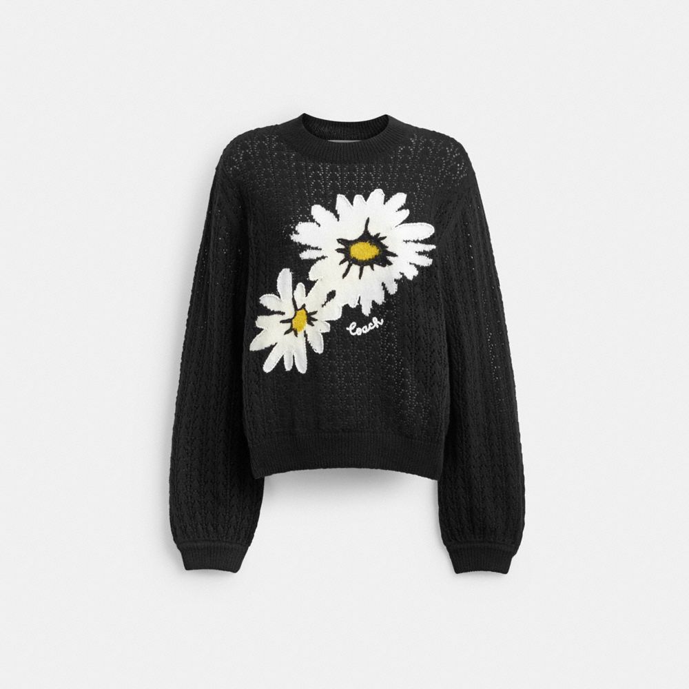 Women Coach Floral Crewneck Sweaters Black | CA_CH66901