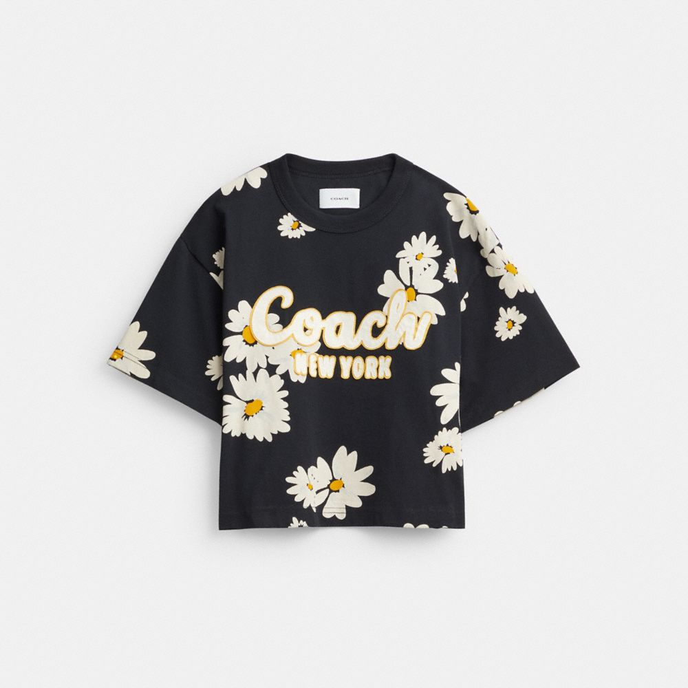 Women Coach Floral Cropped Signature Script In Organic Cotton T Shirts Black | CA_CH38680