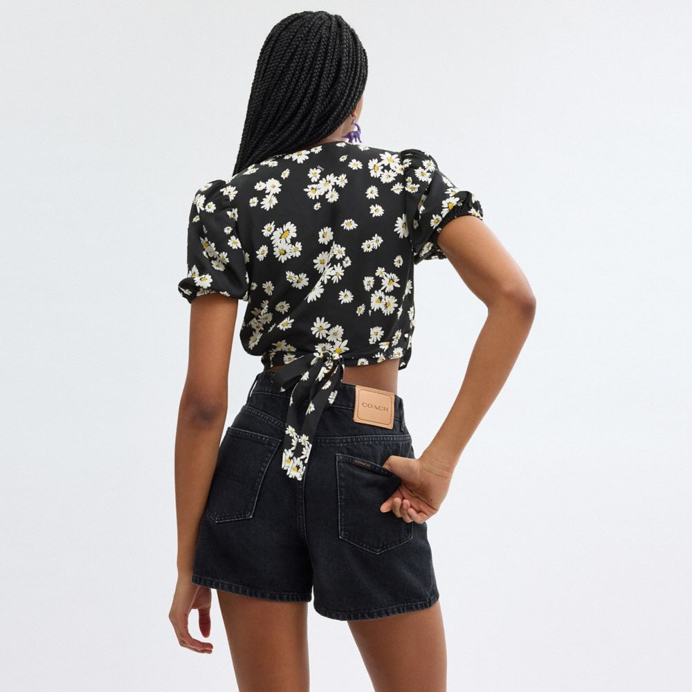 Women Coach Floral Wrap Blouse Tops Black | CA_CH55002