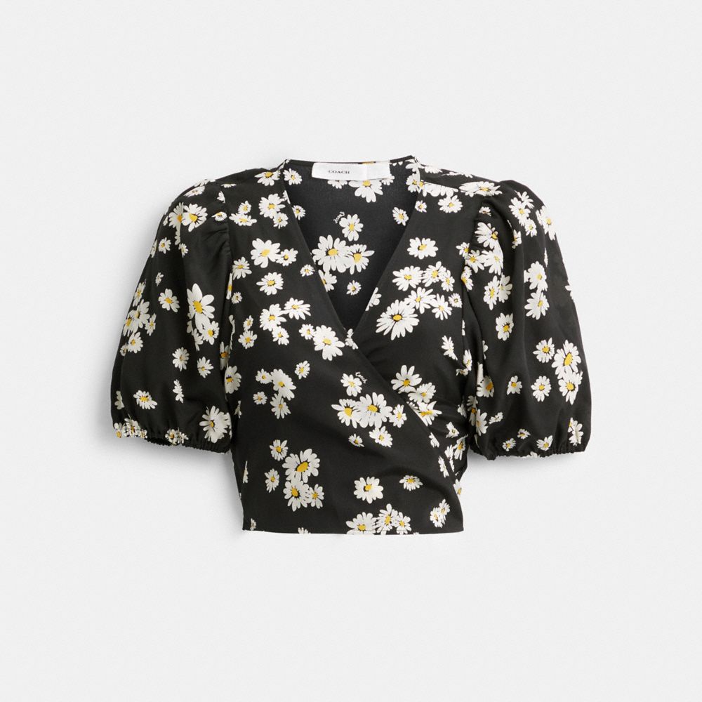 Women Coach Floral Wrap Blouse Tops Black | CA_CH55002