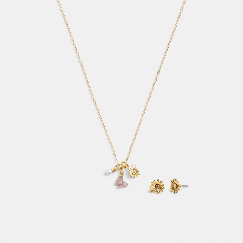 Women Coach Garden Charms Pendant Necklace And Set Earrings Gold | CA_CH27982