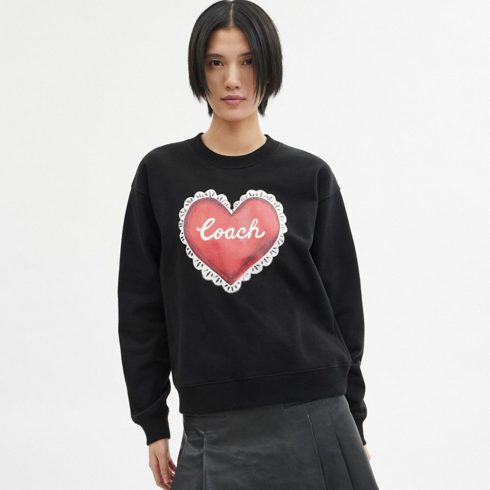 Women Coach Heart Crewneck Sweaters Black | CA_CH79853